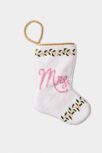 Hand-stitched needlepoint stocking in cream cotton with velvet backing