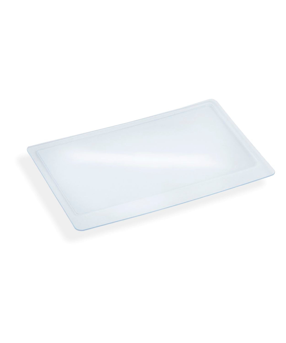 Clear rectangular plastic pocket magnifier with a thin border on a white background.