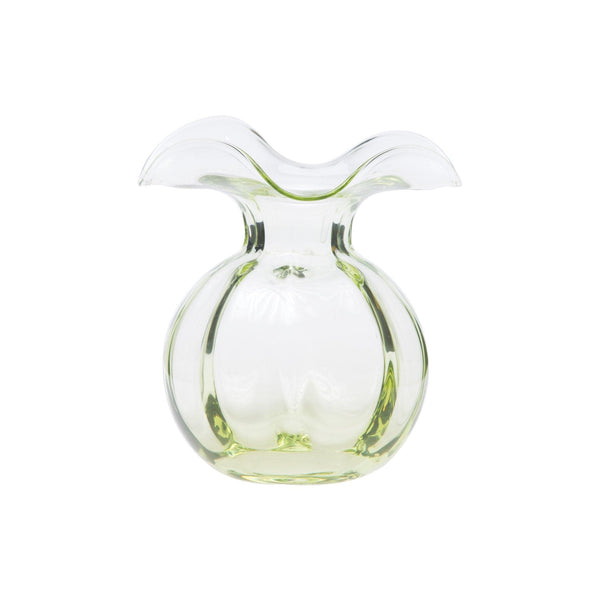 Hibiscus Glass Bud Vase with a clear, rounded body and a ruffled, flower-like rim.