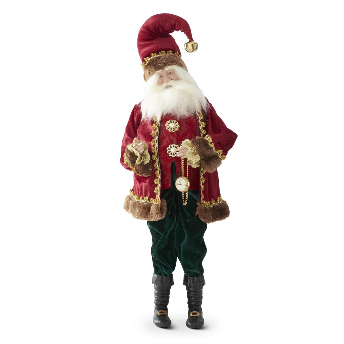 30-inch Santa figurine in a red velvet coat and green pants holding a gold pocket watch.