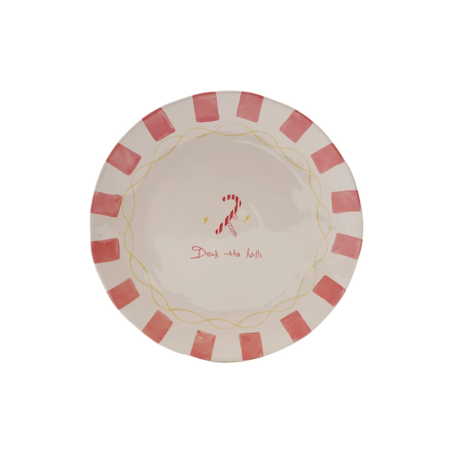 Hand-painted stoneware plate with pink striped rim, candy cane center, and "Deck the halls" text.