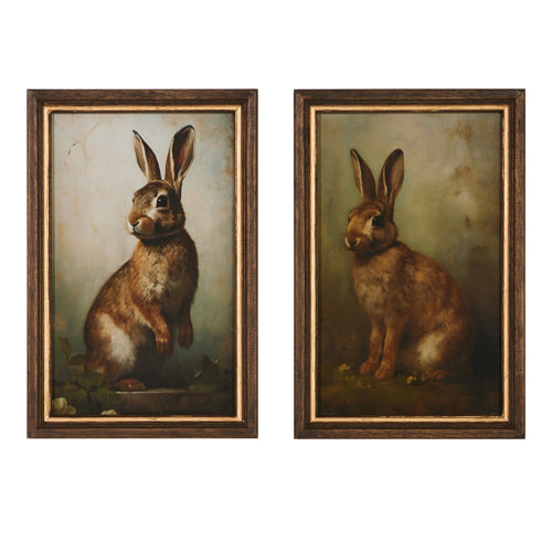 Framed wall art featuring a vintage-style rabbit silhouette on wood with glass front