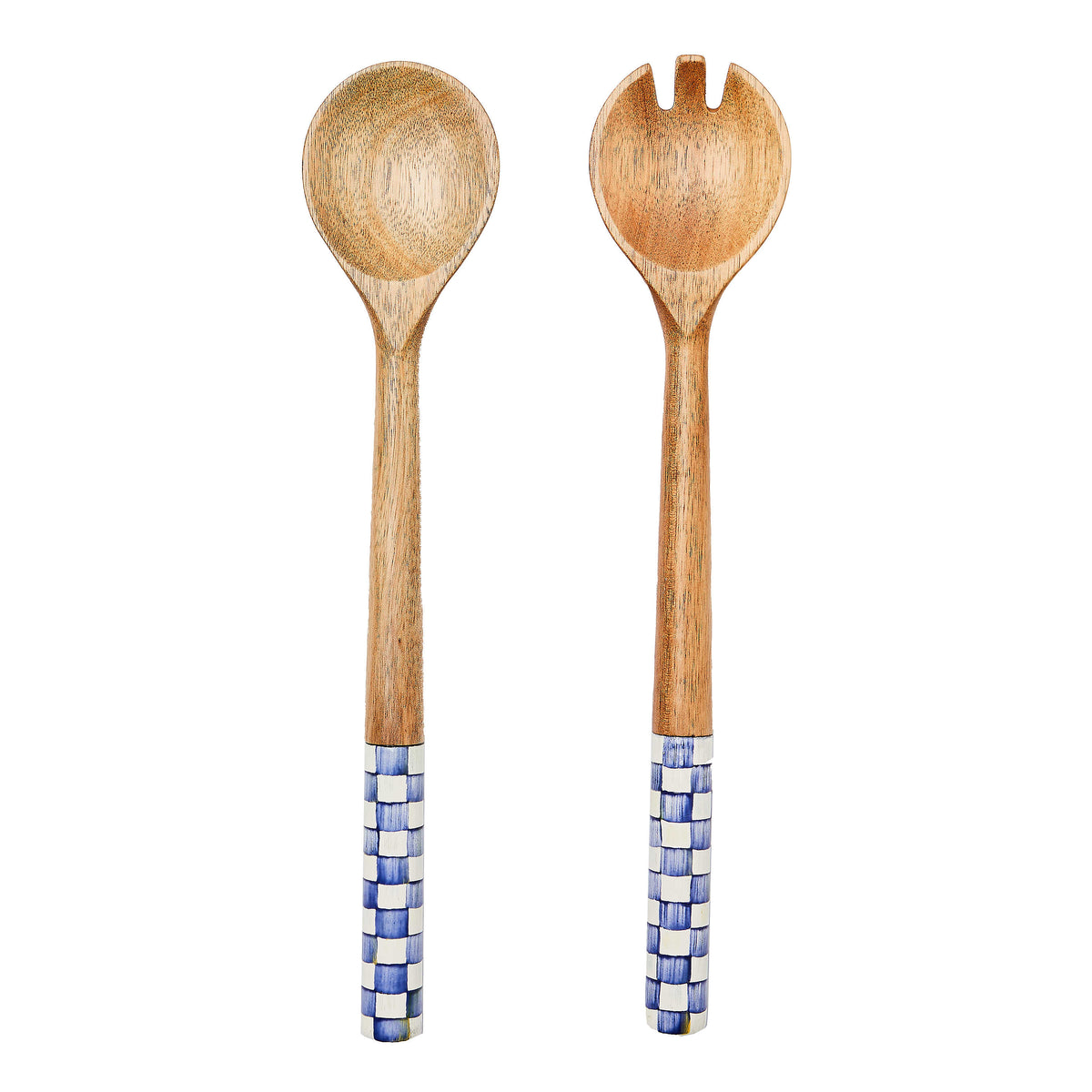 Royal Check Wood Salad Servers with acacia wood heads and blue and white checkered handles.