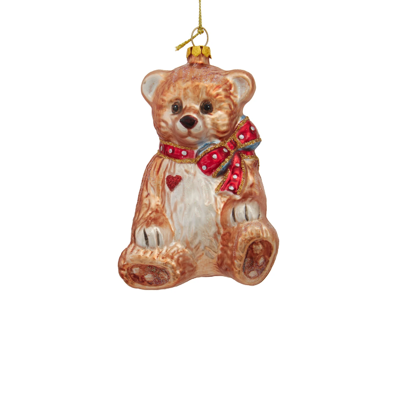 Glass teddy bear Christmas ornament with a red polka dot bow and a small red heart on its chest.