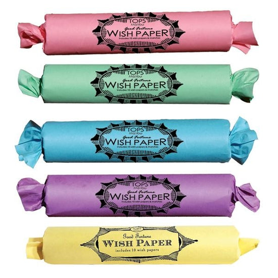 Five pastel-colored rolls of Wish Paper, each with a black and white label that reads "TOPS Malibu Good Fortune Wish Paper".
