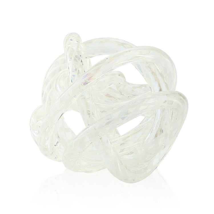 A 6-inch clear glass knot sculpture with an iridescent finish on a white background.