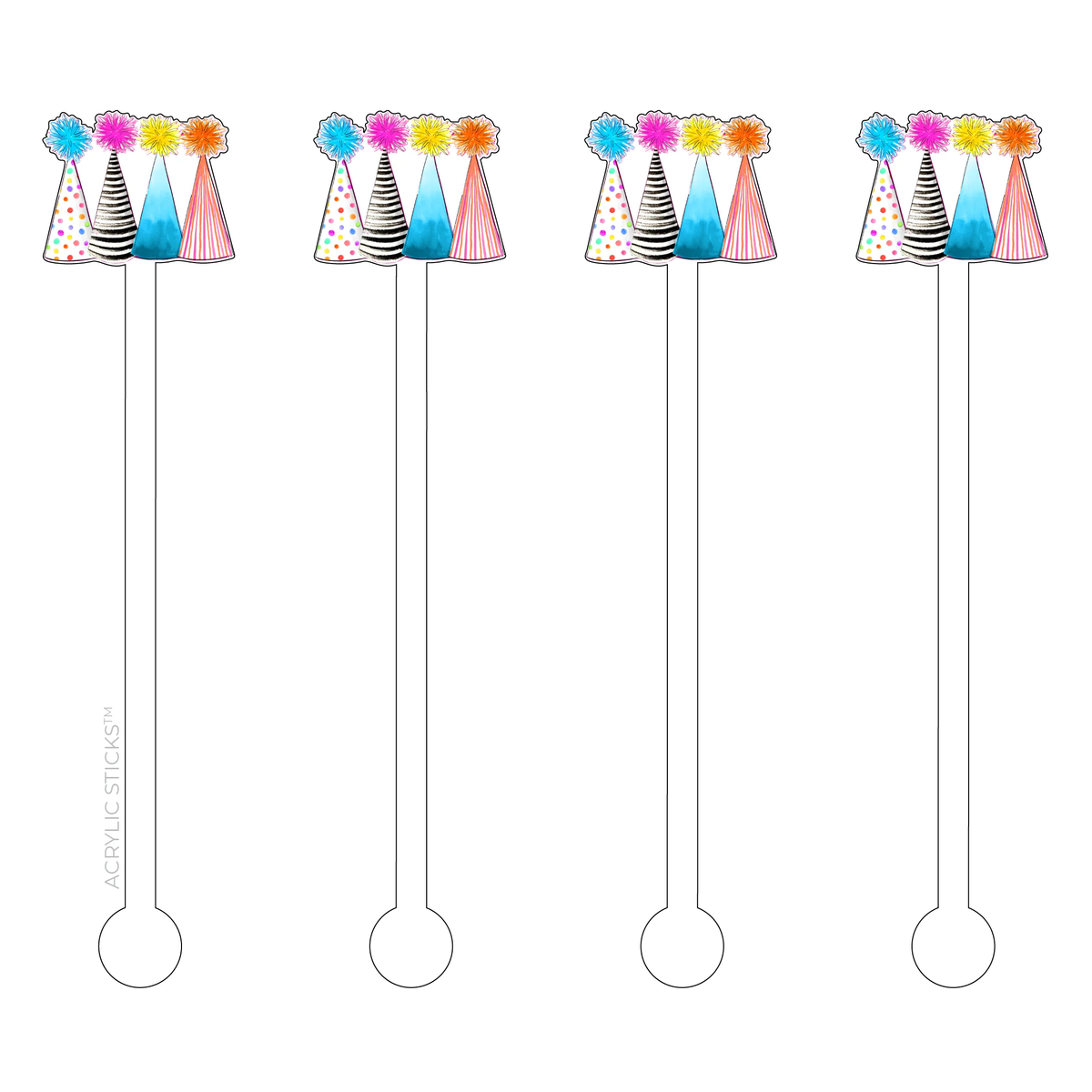 Set of four 6-inch acrylic stir sticks featuring a row of colorful, patterned party hats on top.