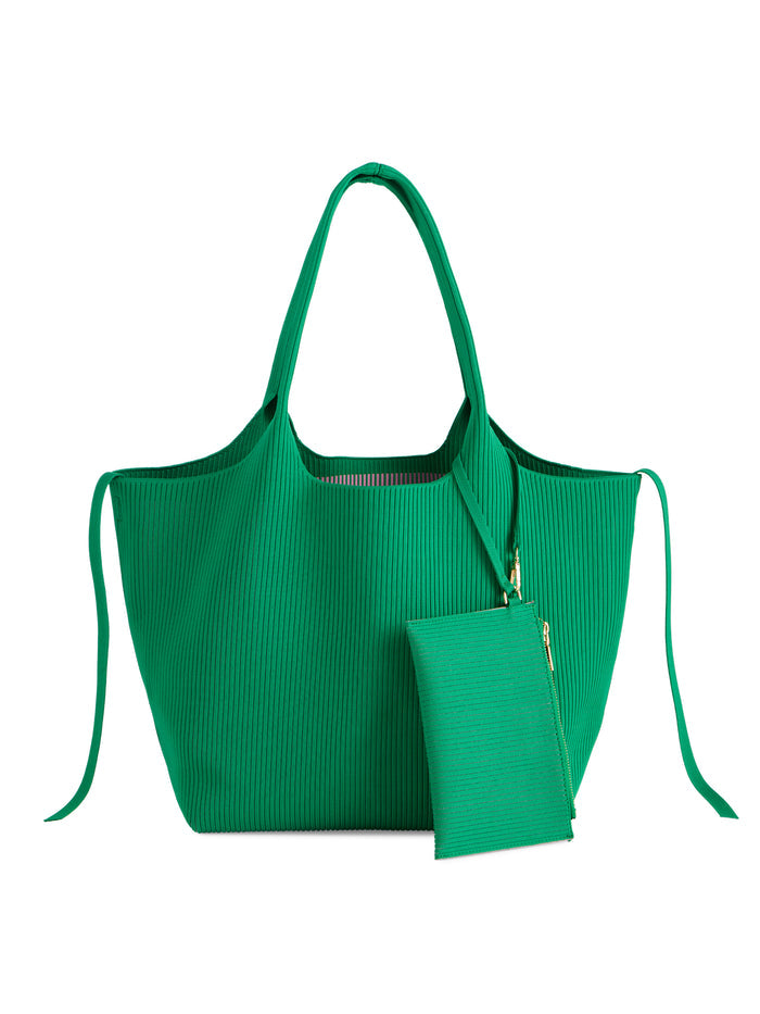 Fern green ribbed knit tote bag with double shoulder straps and a matching detachable zip pouch.