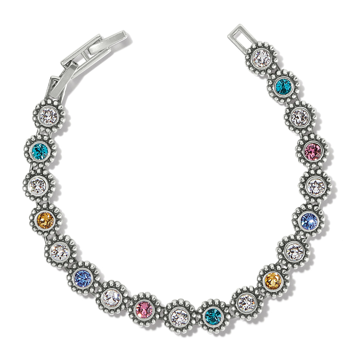 Silver-plated Twinkle Link Bracelet featuring multi-colored crystals on a fold-over clasp.