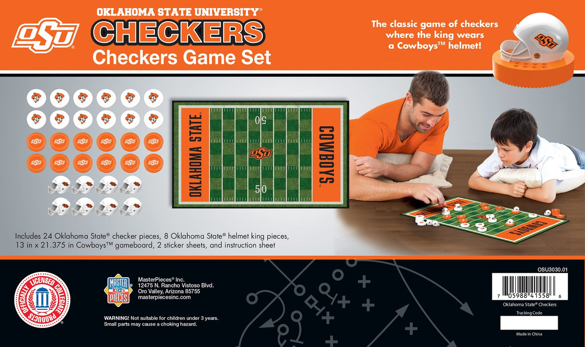 Oklahoma State Cowboys NCAA Checkers game set with football field board and helmet king pieces.