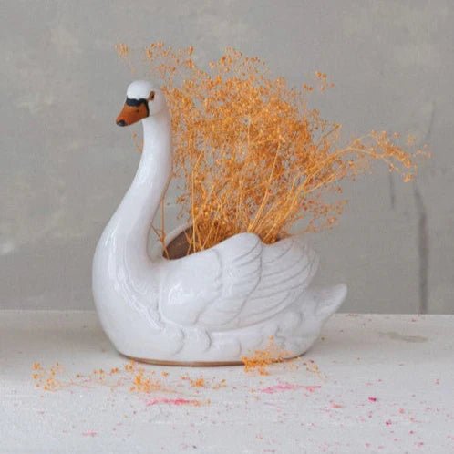 Stoneware Swan Planter, White ,Orange Color & Black