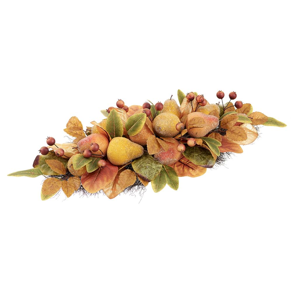 Beaded pear and berry centerpiece with brown and yellow autumn leaves on a white background.