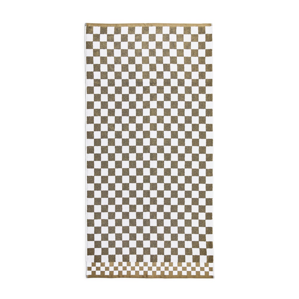 Check Bath Towel featuring a gold and white checkered pattern with a solid gold border.