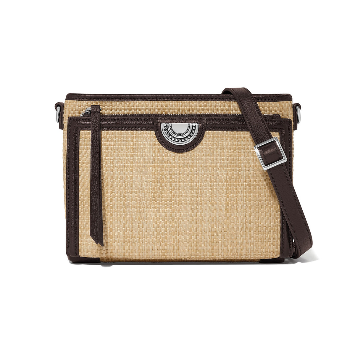 Jordyn Straw Crossbody Organizer with brown leather trim, adjustable strap, and silver hardware.