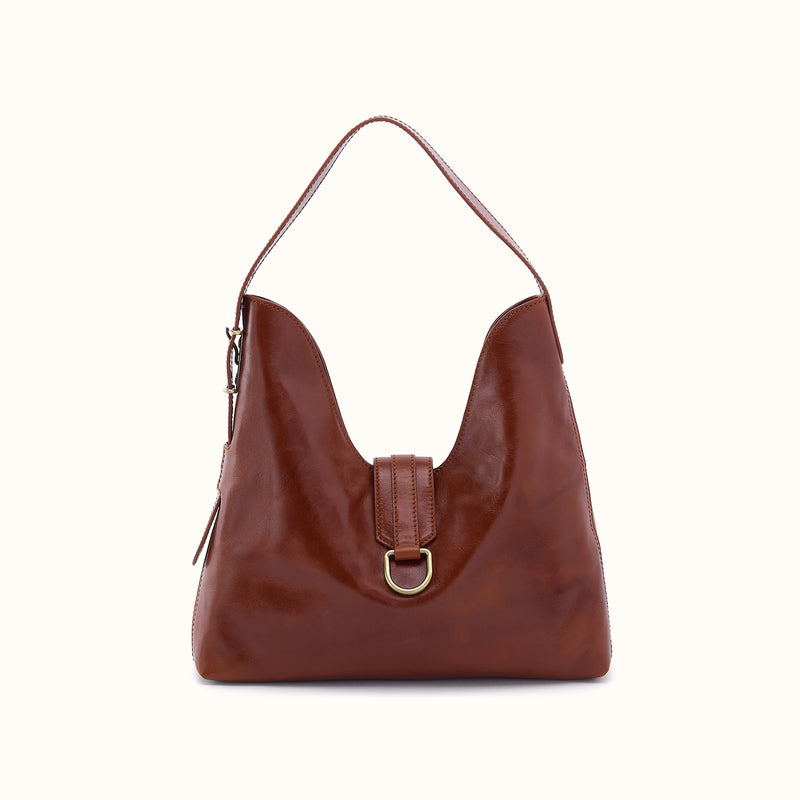 Atlas Hobo Bag in Pecan Ridge brown leather with a magnetic tab closure and gold-tone D-ring.