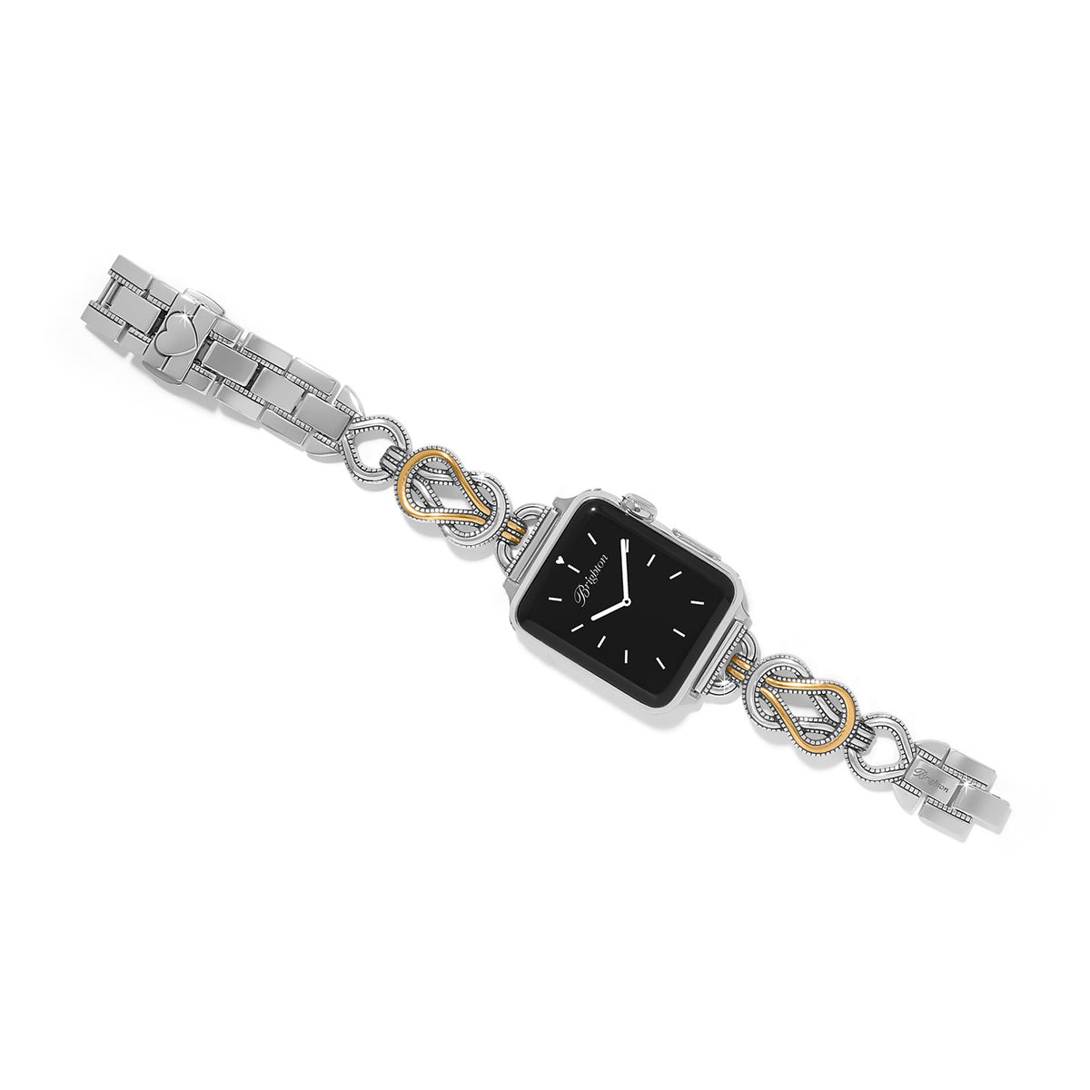 Silver and gold two-tone fold-over clasp watch band with removable links.