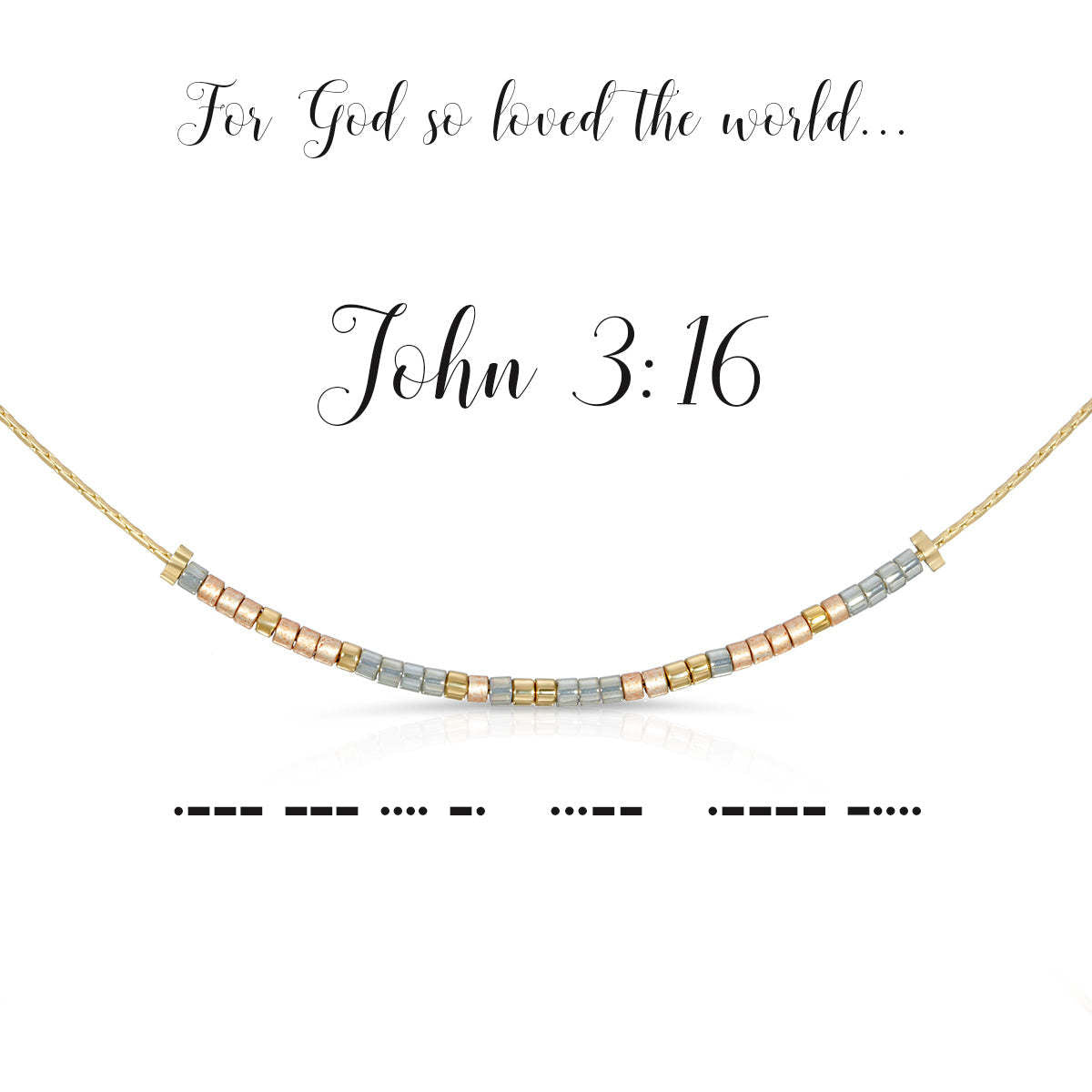 John 3:16 Morse code necklace with gold, gray, and peach beads on a gold chain.