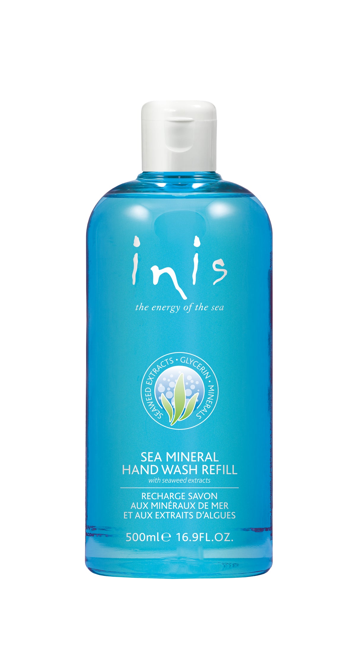 Inis Sea Mineral Hand Wash Refill in a 16.9 fl. oz. clear blue bottle with a white flip-top cap.