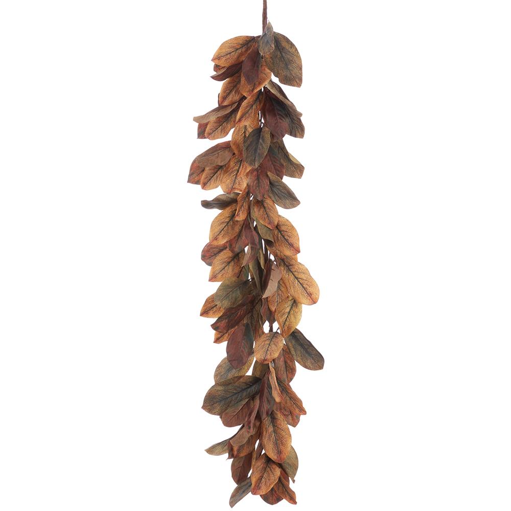 6-foot magnolia leaf garland with realistic brown and green polyester leaves on a flexible wire.