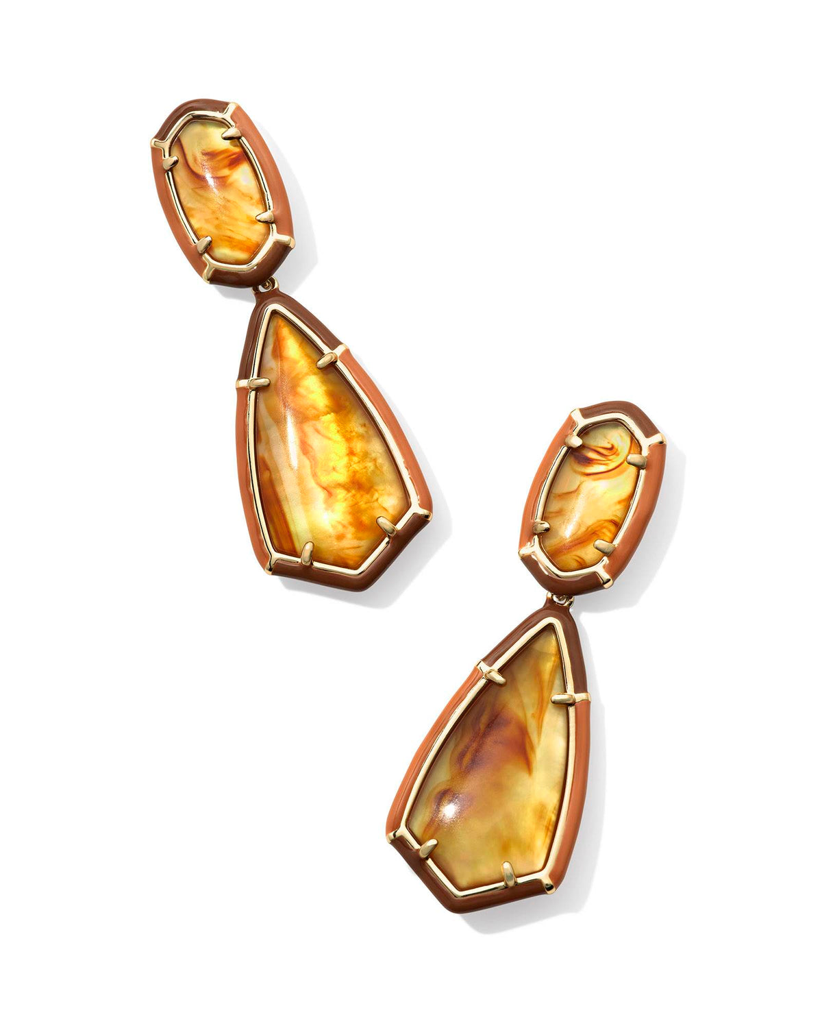 Gold enamel frame statement earrings with custom-cut stones on ear post closure.