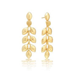 Gold-colored dangle earrings featuring a laurel leaf motif with an elongated silhouette.