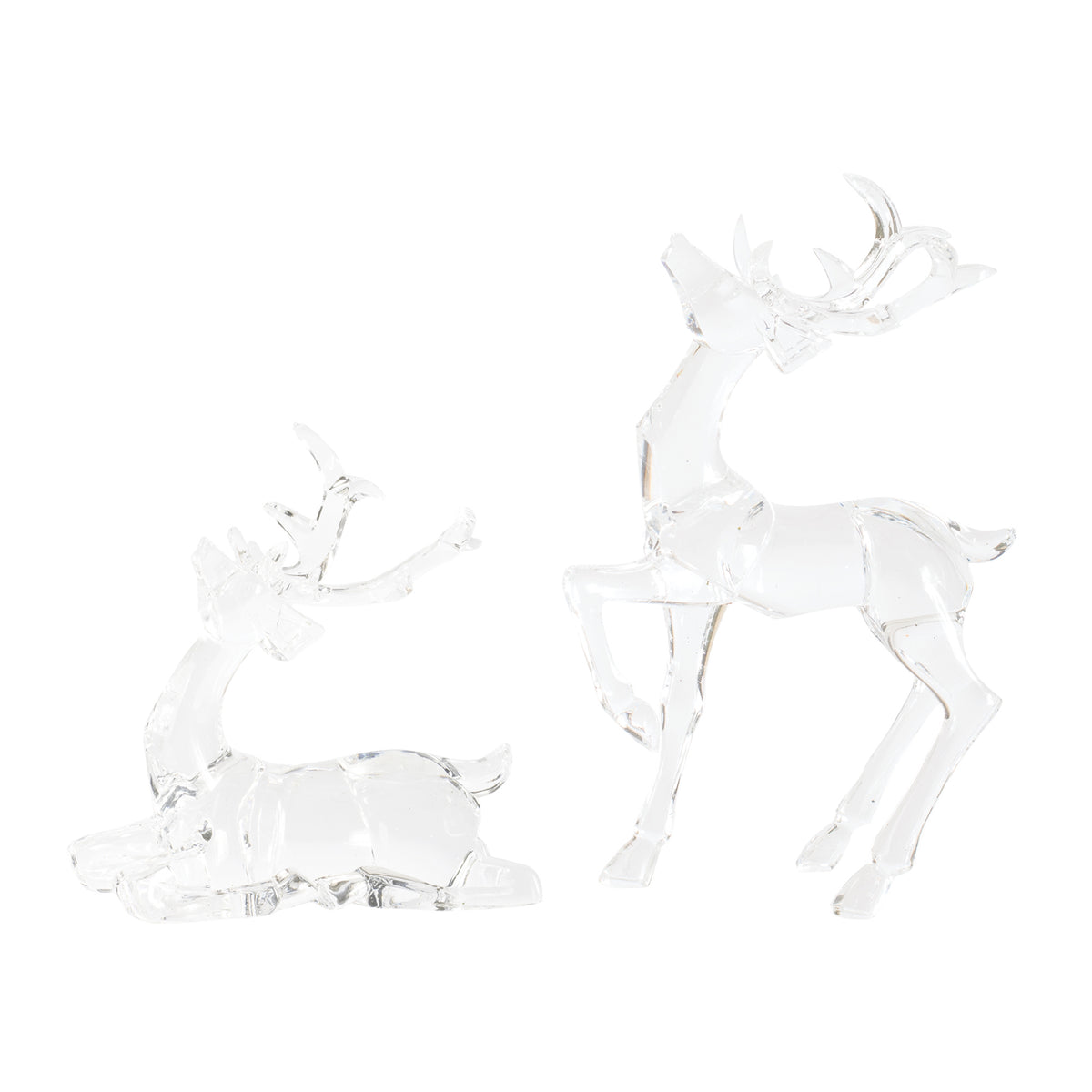 Two elegant clear acrylic deer figurines, one standing and one sitting, with a frosted finish.