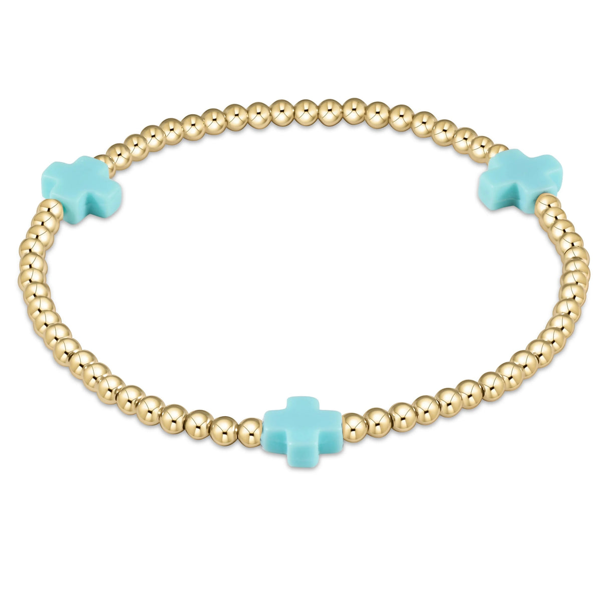 Signature Cross 3mm gold-filled beaded bracelet with three turquoise cross charms.