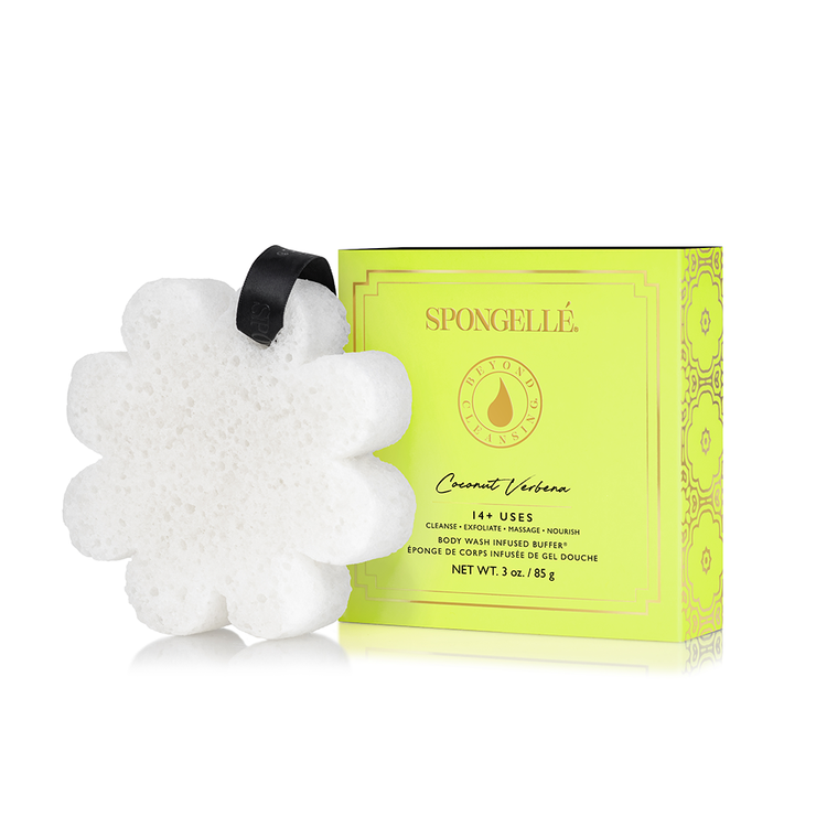 Boxed Flower bath sponge with built-in body wash, hanging ribbon handle in beige and white tones.