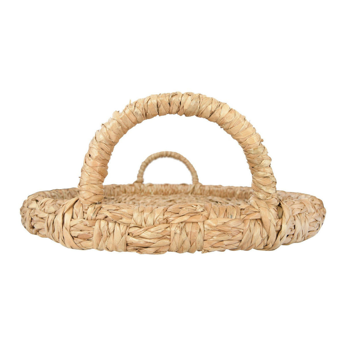 Hand-woven rectangular tray with handles in natural tones