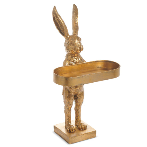 Gold resin bunny figurine with tray base, standing on iron frame.