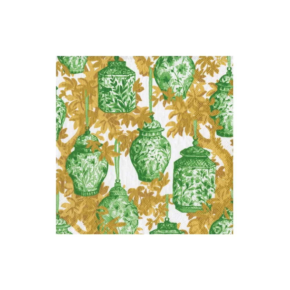 Caspari cocktail napkin featuring green and white ginger jars on a gold leaf background.
