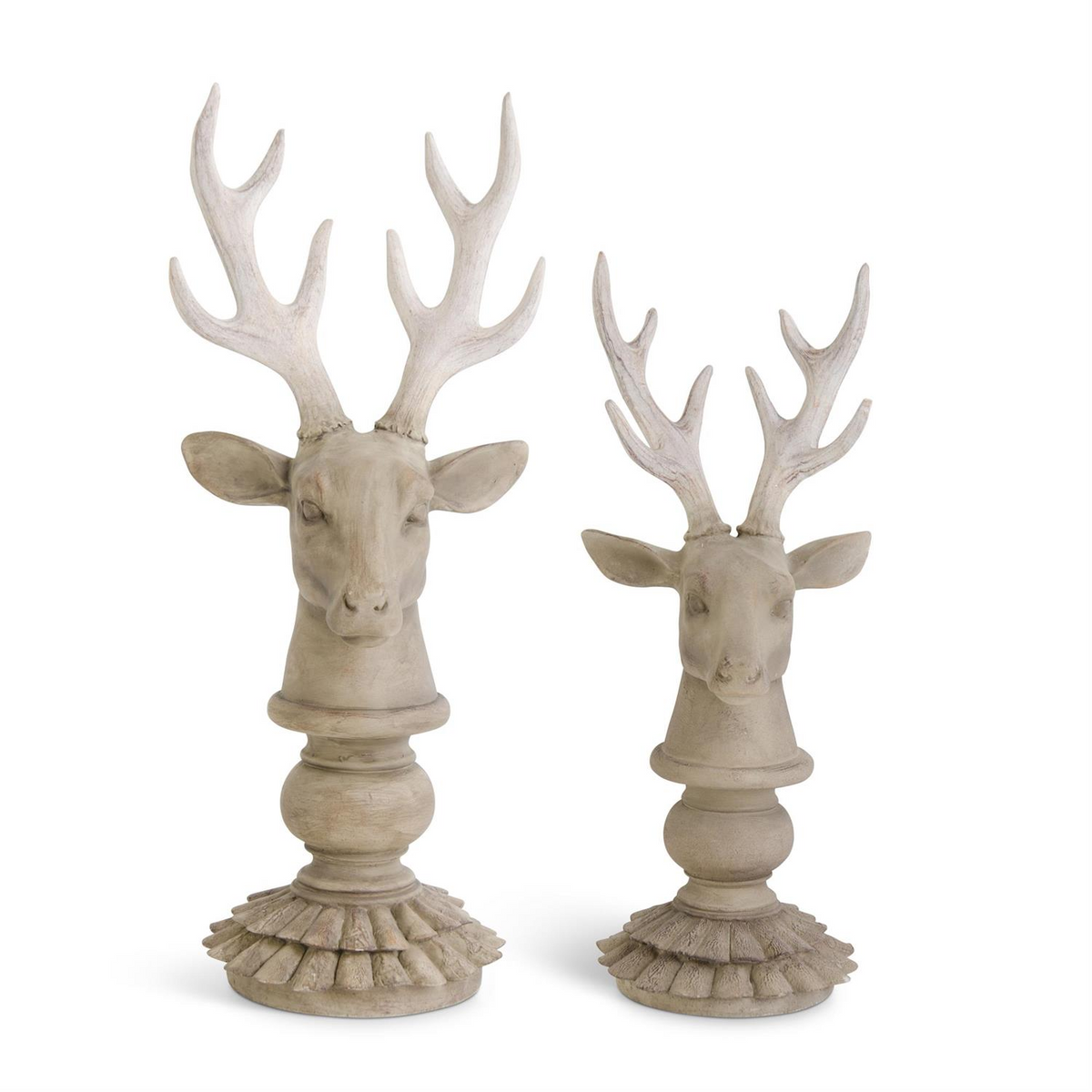 Two cream and taupe resin deer busts with wood-look texture on tiered scalloped bases.