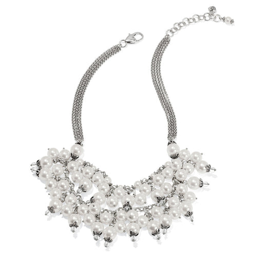 Silver-plated necklace with multiple strands of white glass pearls and an adjustable lobster claw.
