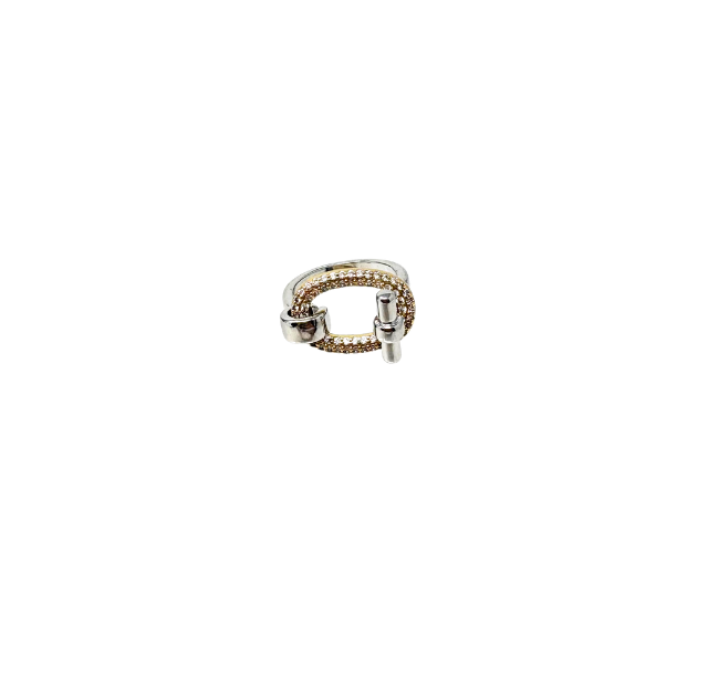 Fashion statement ring featuring a silver band and a gold oval link pavé-set with clear crystals.