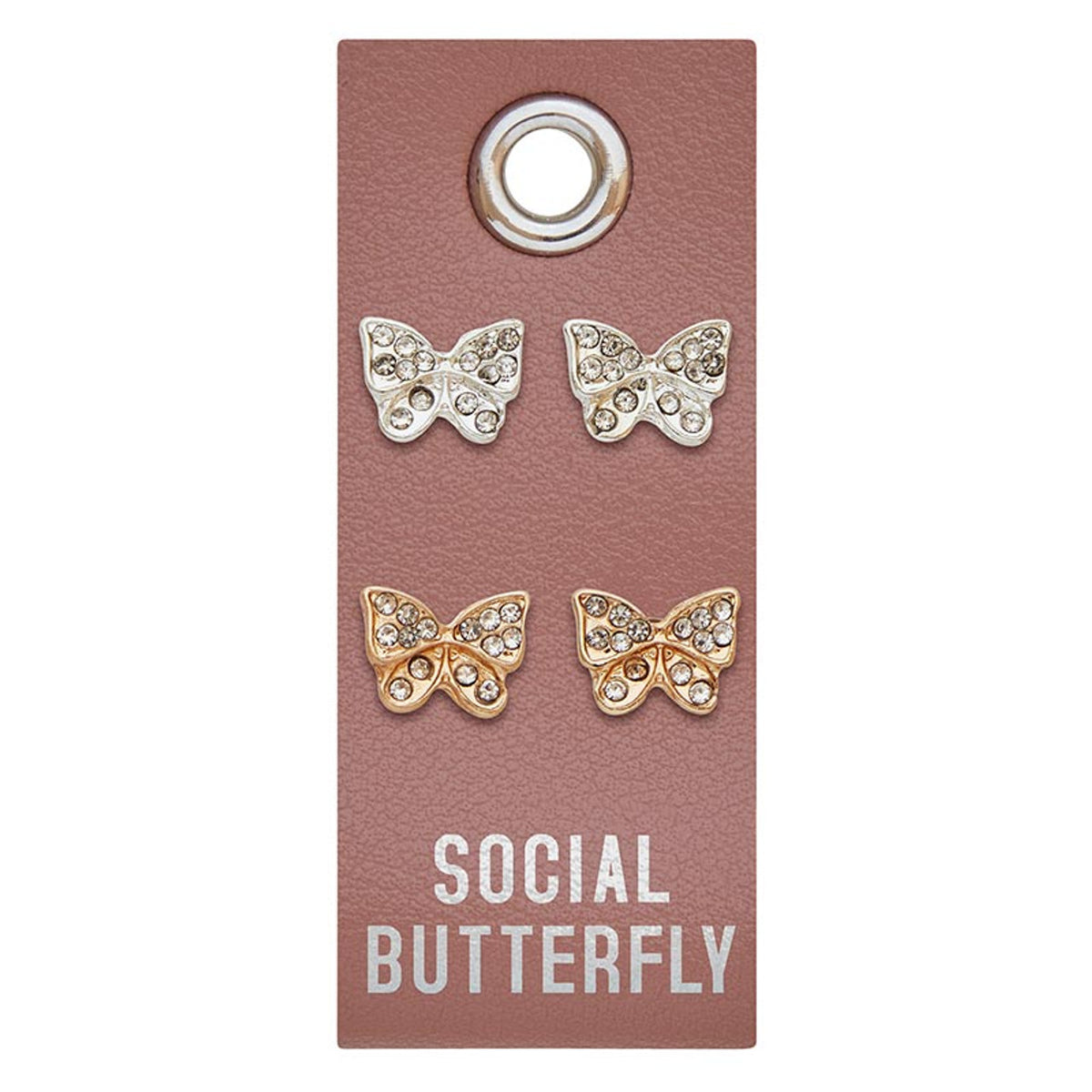 Silver stud earrings featuring a PU leather tag with rhinestone accents.