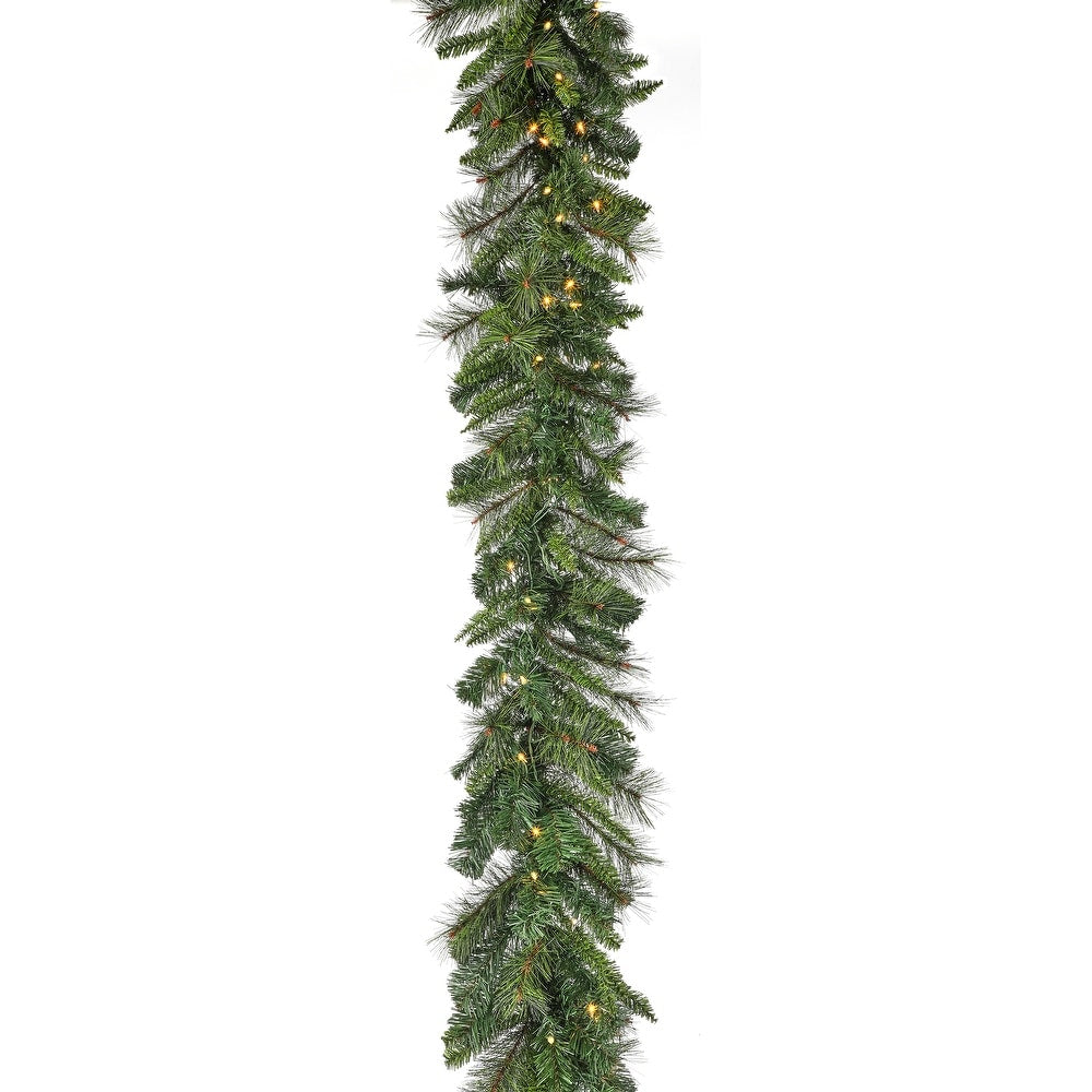 9'x14" Lit Belgium Mix Garland featuring green artificial pine needles and warm white LED lights.