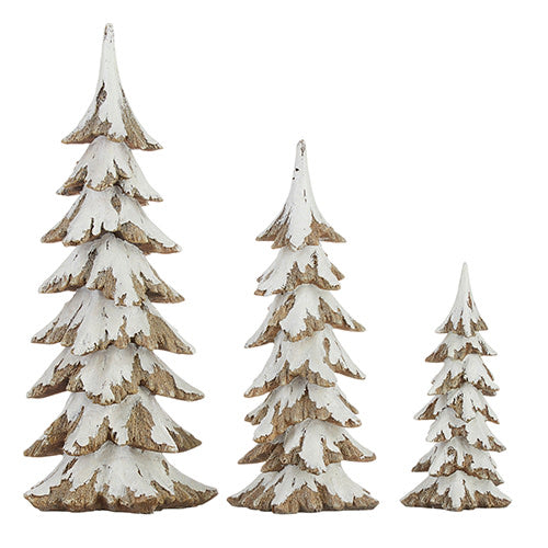 Set of three resin snowy evergreen trees in varying heights with a rustic wood-like finish.