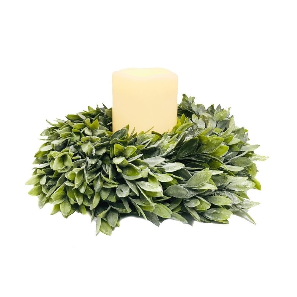 Twelve-inch flocked sage green plastic candle ring with a matte finish.