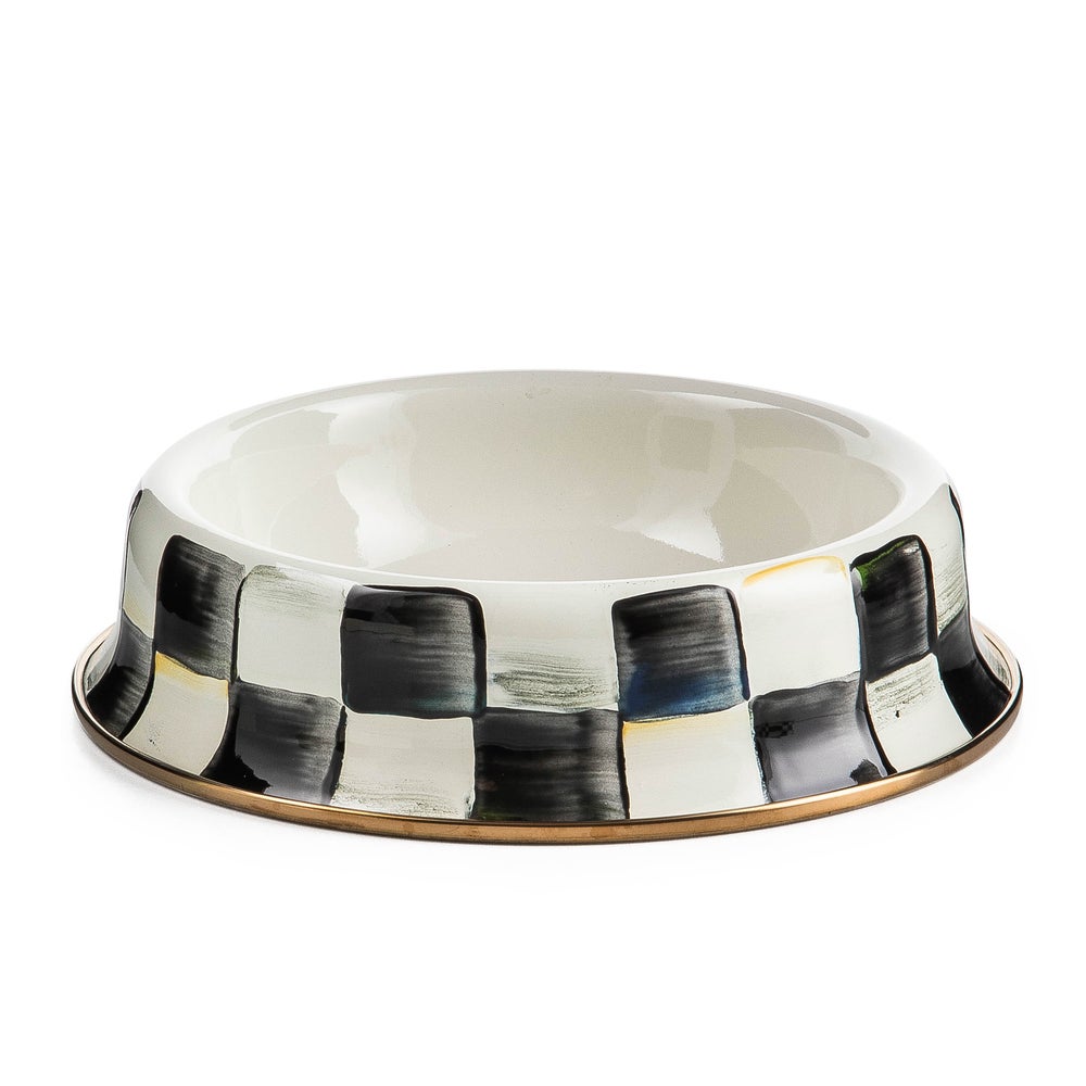 Small Courtly Check pet dish with hand-painted blue floral pattern on steel base and bronzed stainless rim.