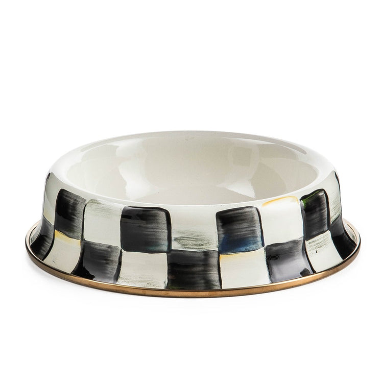 Small Courtly Check pet dish with hand-painted blue floral pattern on steel base and bronzed stainless rim.