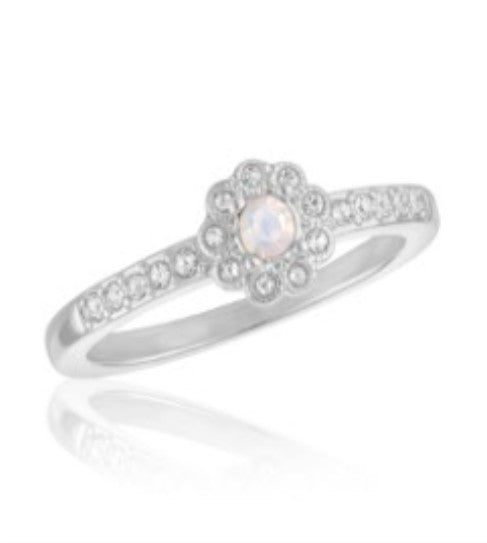 White opal flower stack ring with silver plating on a copper base metal