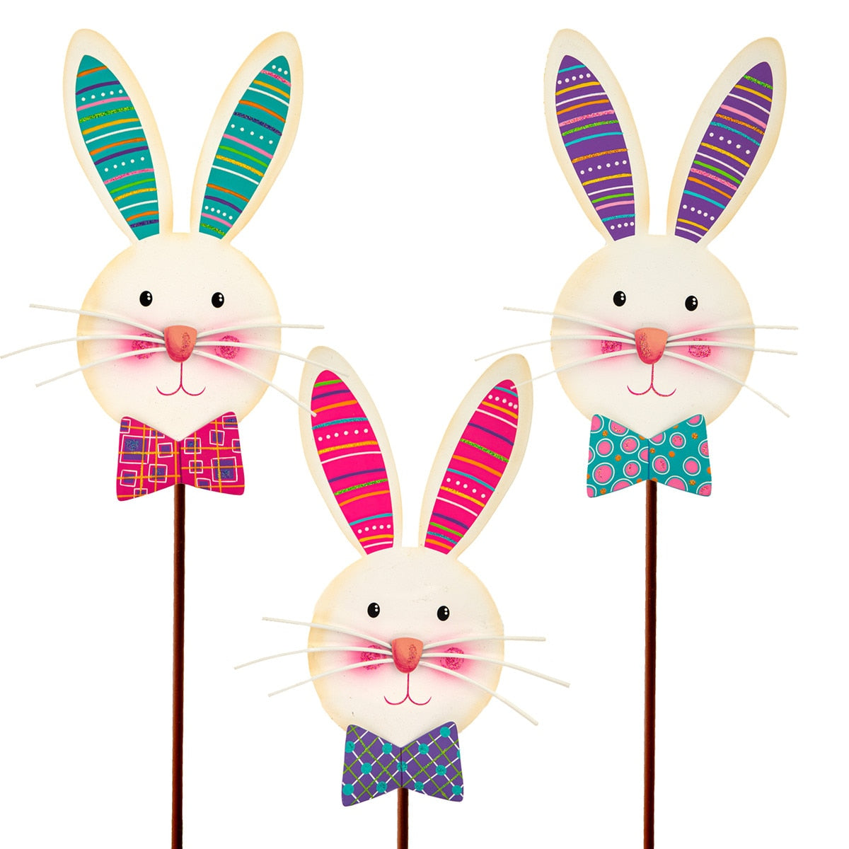 9-inch wooden stake featuring a black background with white rabbit patterns and bowtie accents.