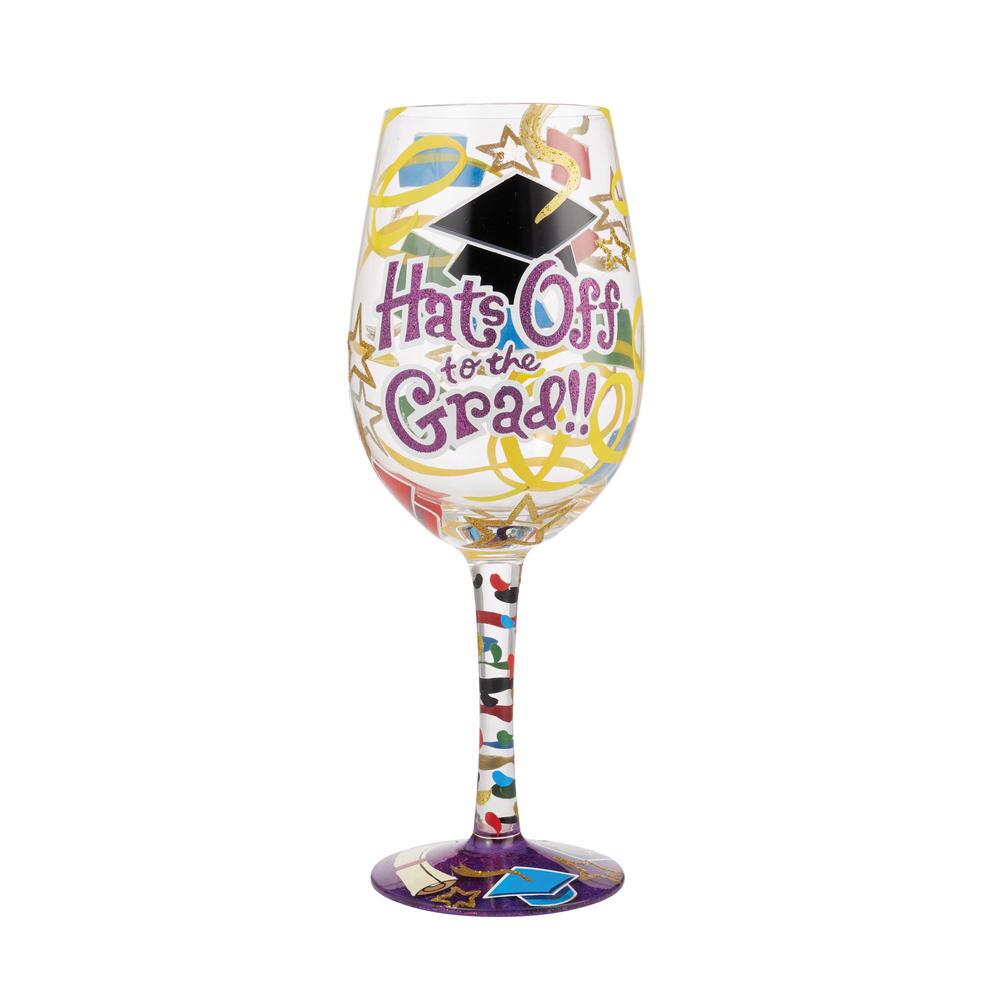 Blown glass wine glass with hand-painted designs, glitter accents, and a cocktail recipe printed on the base.