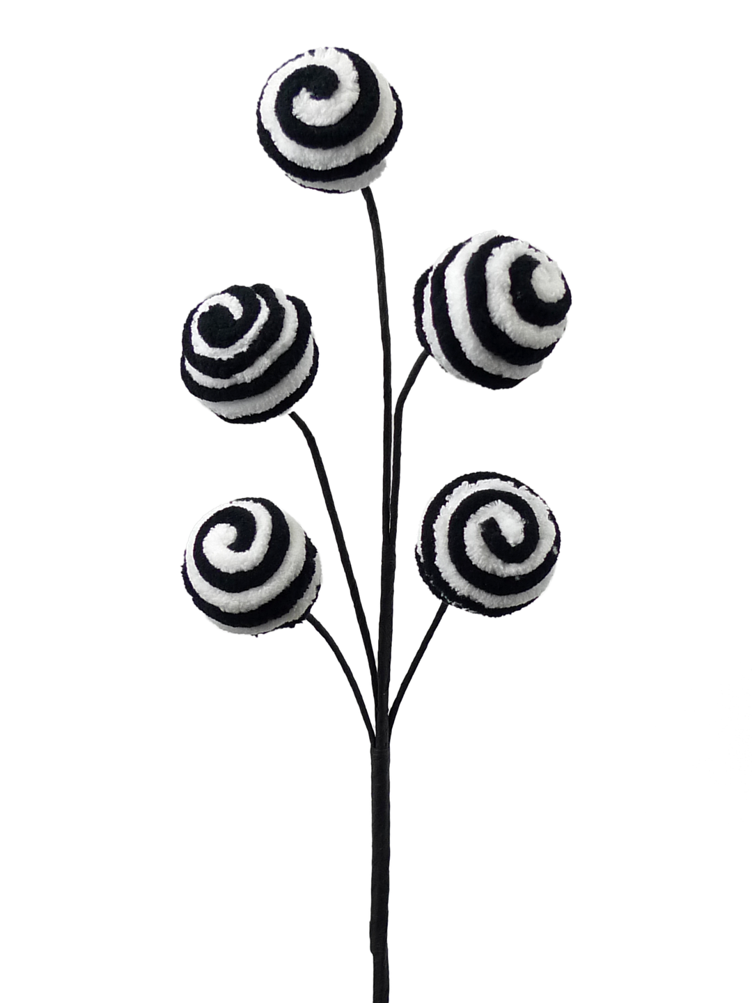 Twirl Ball Pick with five black and white spiral patterned balls on a black stem.