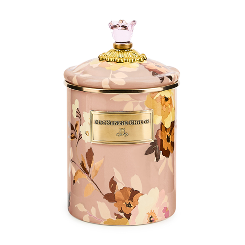 Medium Wild Rose Mauve canister with hand-glazed steel body, bronzed stainless rim, brass accents, and glass details.