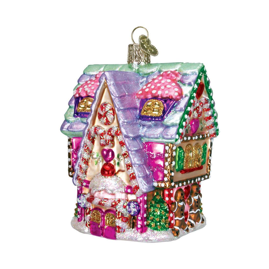 Glass Cupcake Cottage Christmas ornament with colorful candy decorations and gingerbread men.