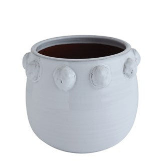 Round white terra-cotta planter with a row of raised dots around the rim.