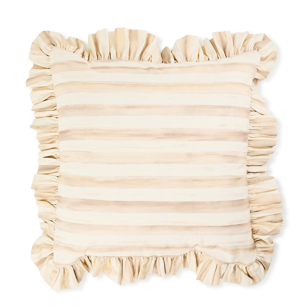 Square cotton throw pillow with horizontal mocha stripes and a ruffled border.