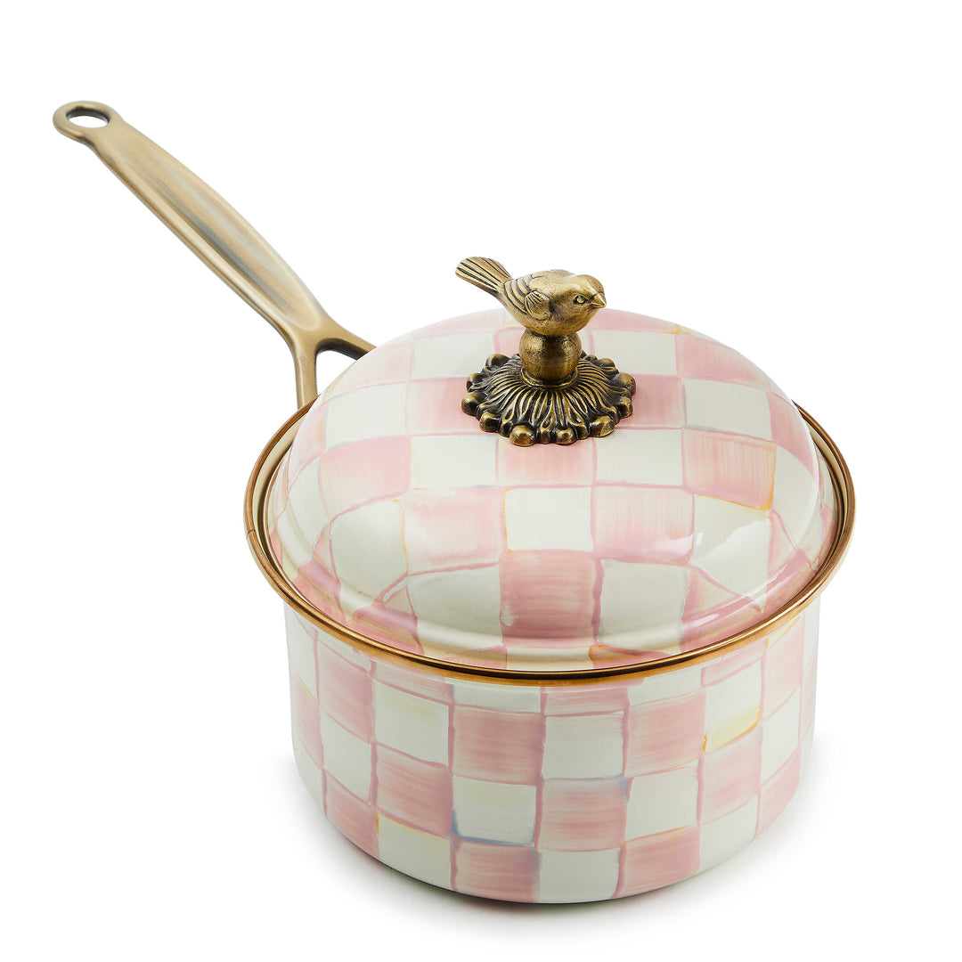 Rosy Check 2.5 Qt. Saucepan with pink and white hand-painted checks and a brass bird lid knob.