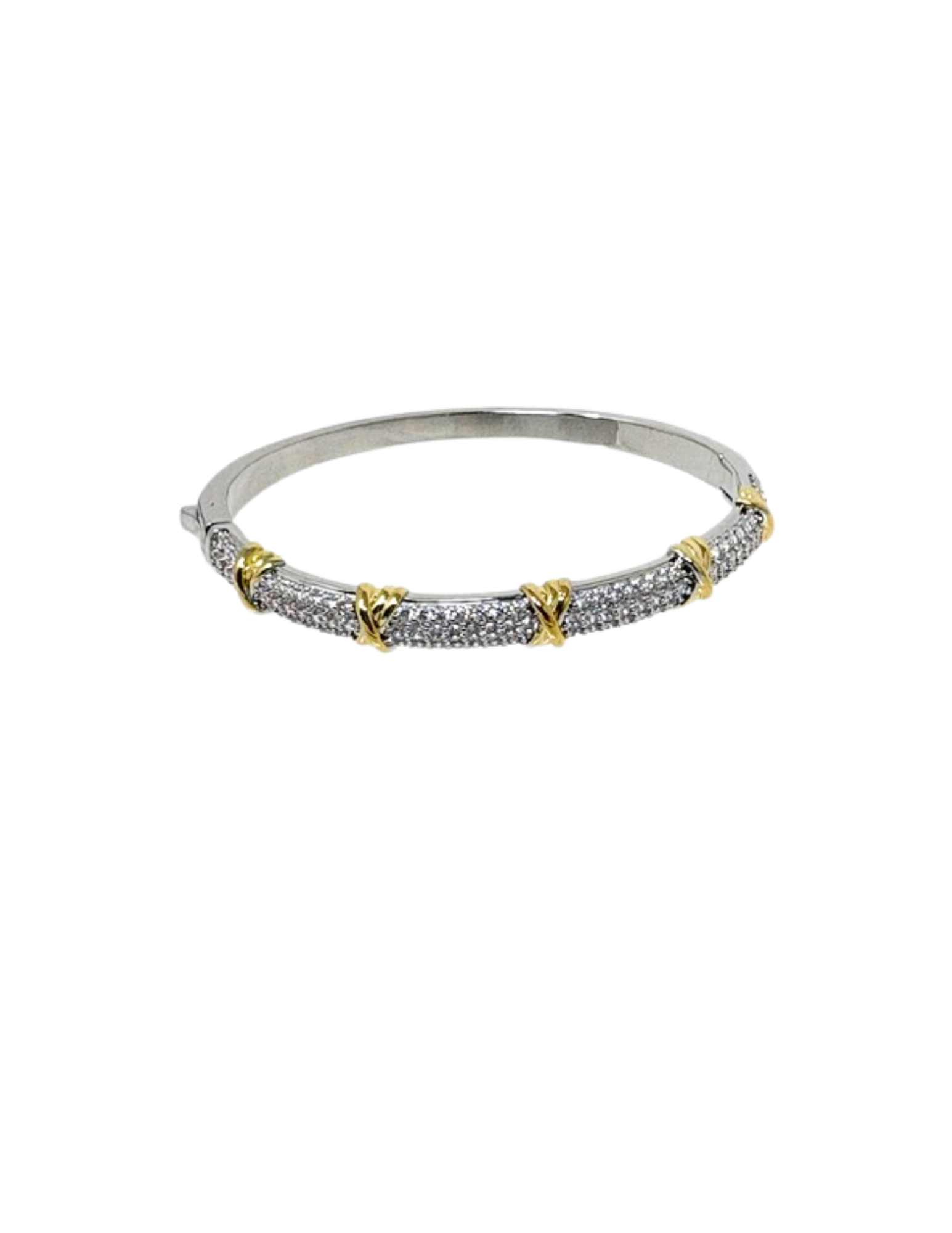 Two-tone silver and gold pave bracelet with clear stones and gold X-shaped accents.